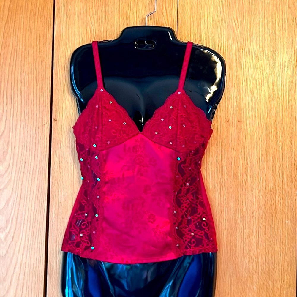 Vintage red Satin sequin sexy sheer lace stretch camisole tank lingerie top EUC